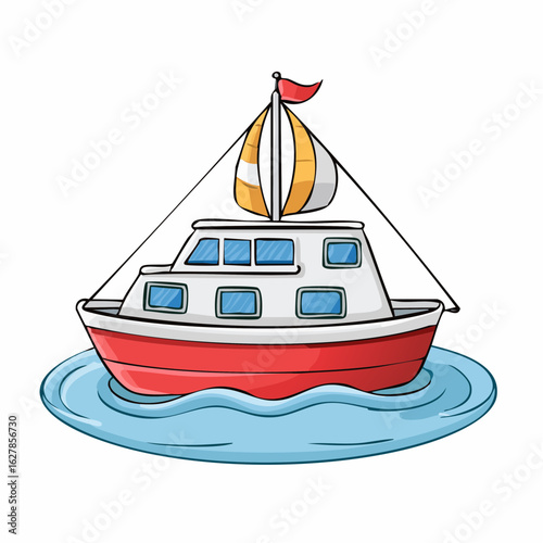 Cartoon Boat Illustration: Cheerful Vessel Sailing on Calm Blue Waters in Whimsical Style