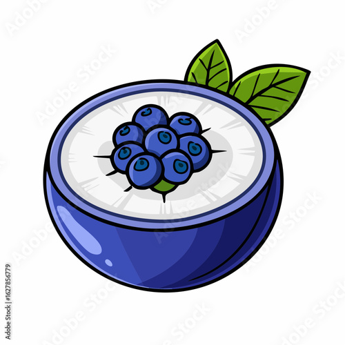 Cartoon blueberry yogurt bowl with green leaves radiates a fresh and healthy feeling