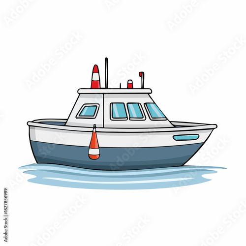 Cartoon boat illustration floating on water with red and white safety markers displayed