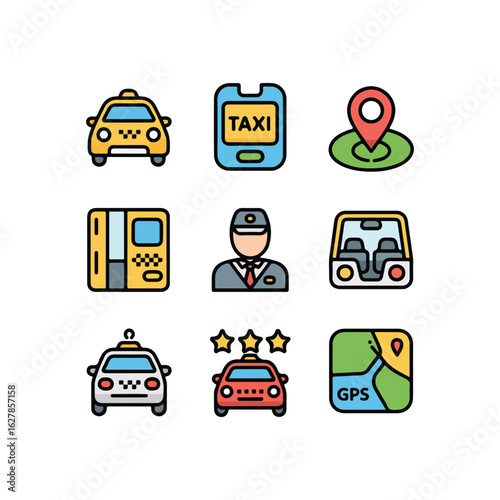 Taxi service icons including cars driver app and map transportation