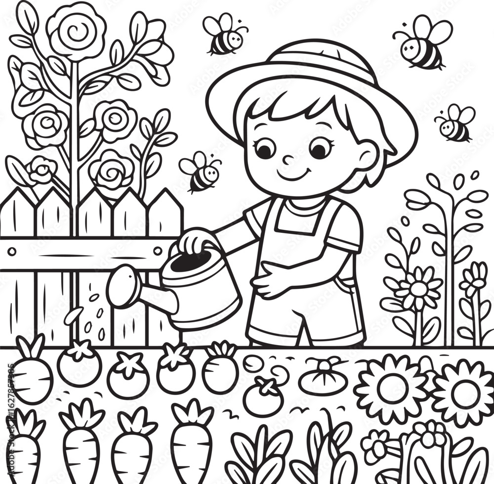 Child Gardening Outline Illustration with Watering Can, Plants, and Bees in Garden Child Gardening Outline Illustration with Watering Can, Plants, and Bees in Garden