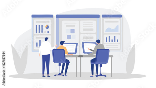 Three people in an office setting looking at charts and graphs on monitors and wall panels together