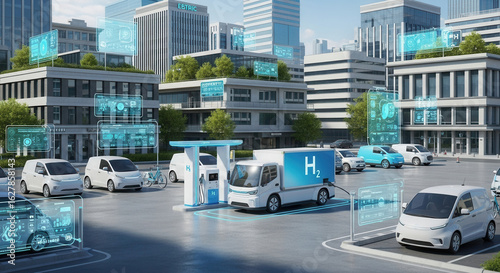 Hydrogen vehicle hydrogen station cityscape digital interface clean energy futuristic transportation eco friendly technology urban environment. Hydrogen powered vehicles refuel modern hydrogen