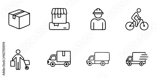 Delivery icons including boxes, workers, and transport vehicles  