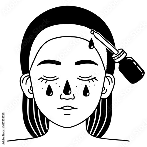 Woman applying serum to her face with dropper in minimalist style  