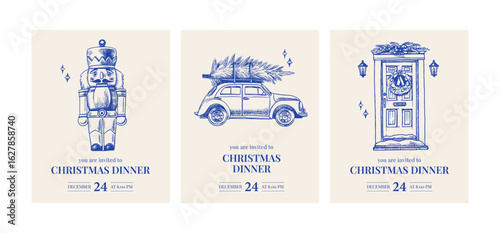 Christmas dinner invitation cards with hand drawn holiday old car, christmas tree, Nutcracker, decorated door. Festive mood, elegant vintage style. Vector sketch illustration.