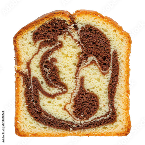A close-up view of a sliced marble cake showcasing its distinct chocolate and vanilla swirls