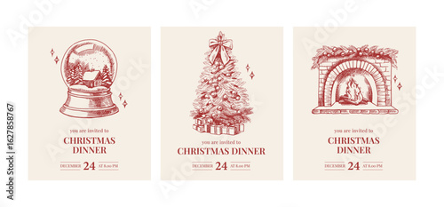 Christmas dinner invitation cards with hand drawn holiday christmas tree, fireplace, snowball. Festive mood, elegant vintage style. Vector sketch illustration.