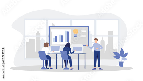 Illustration of a business meeting with a presenter and two attendees in front of a graph and lightbulb