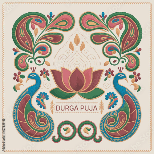 Durga Puja Floral Design with Peacocks and Lotus Flower for Indian Festival Decoration