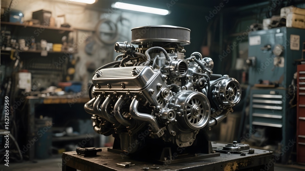 Fototapeta premium High-performance engine displayed in a workshop setting