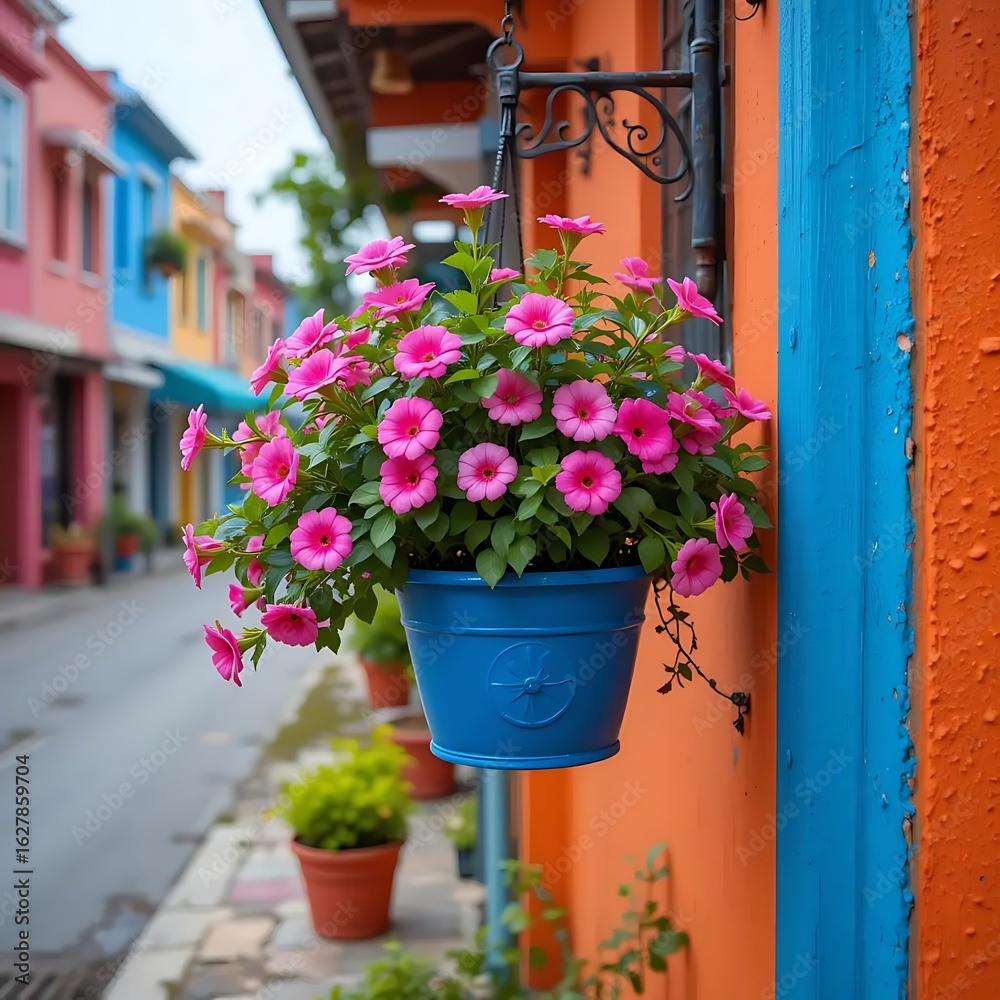 Naklejka premium Vibrant Pink Petunias in Hanging Blue Pot on Colorful Street