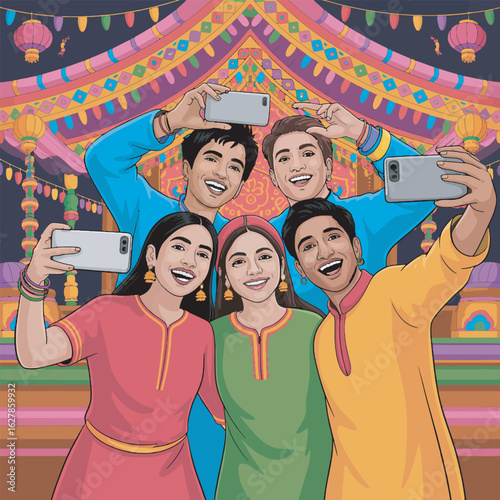 Festive Friends Capture Joyful Moments with Smartphones During Cultural Festival Gathering