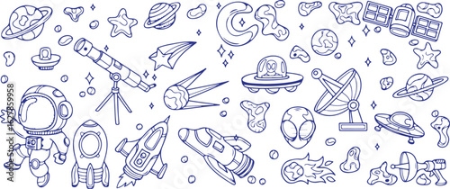  Space and Galaxy Doodle Set – Space, Rocket, Planet, Stars, Moon, Galaxy, UFO, Astronaut, Solar System, Doodle Style, Hand Drawn, Black and White, Universe, Alien, Cosmic, Astronomy, Minimal Line, Ex
