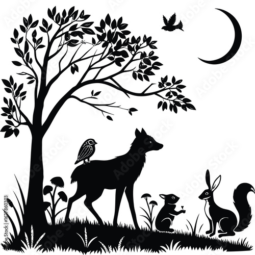 Enchanting forest scene with a majestic deer owl rabbit and fox under a full moon and starry sky silhouette