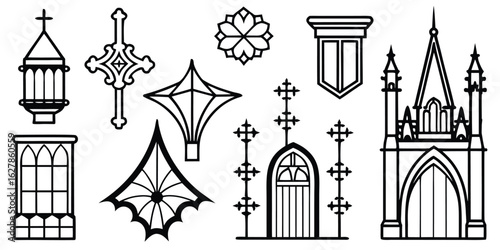 Collection of gothic architectural elements and decorative motifs in silhouette