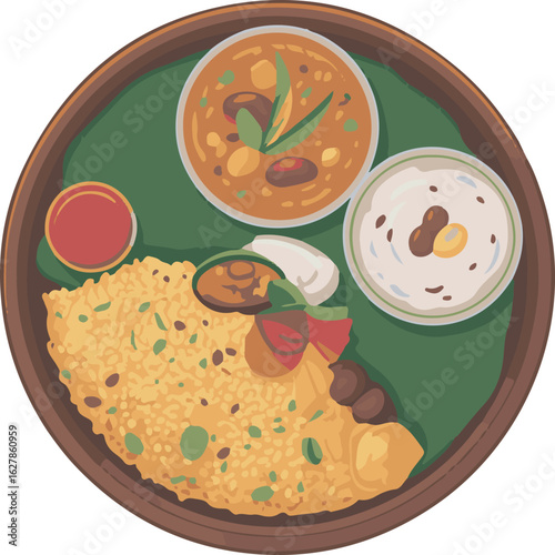 Indian Thali Vector Illustration Traditional Meal with Rice, Curries, and Condiments