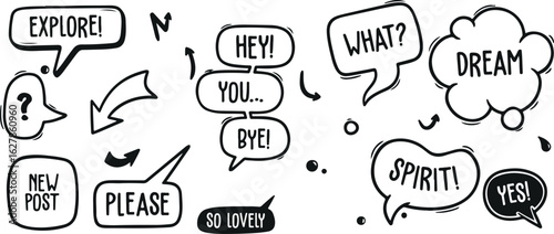 Speech Bubbles and Talk Icons – Talk, Speech Bubble, Text, Word, Quote, Message, Communication, Sayings, Expression, Chat, Social, Doodle Style, Hand Drawn, Comic, Pop Art, Black and White, Minimal, T
