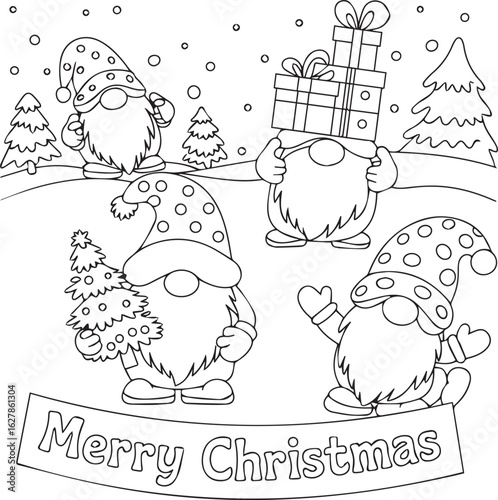 Merry Gnomes Line Art Illustration with Christmas Trees and Gift Stacks in Winter Scene