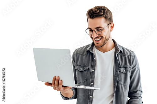 Smilling young man with laptop isolated on white