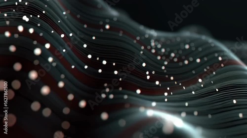 Abstract wavy line field with glowing white particles over a dark background