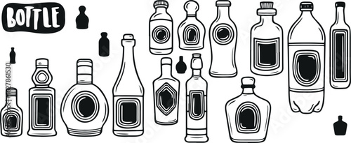 Sauce Bottle Vector Set – Sauce, Ketchup, Bottle, BBQ, Hot Sauce, Mustard, Doodle Art, Line Drawing, Black and White, Hand Drawn, Condiments, Spicy, Toppings, Fast Food Elements, Minimalist, Sketch St