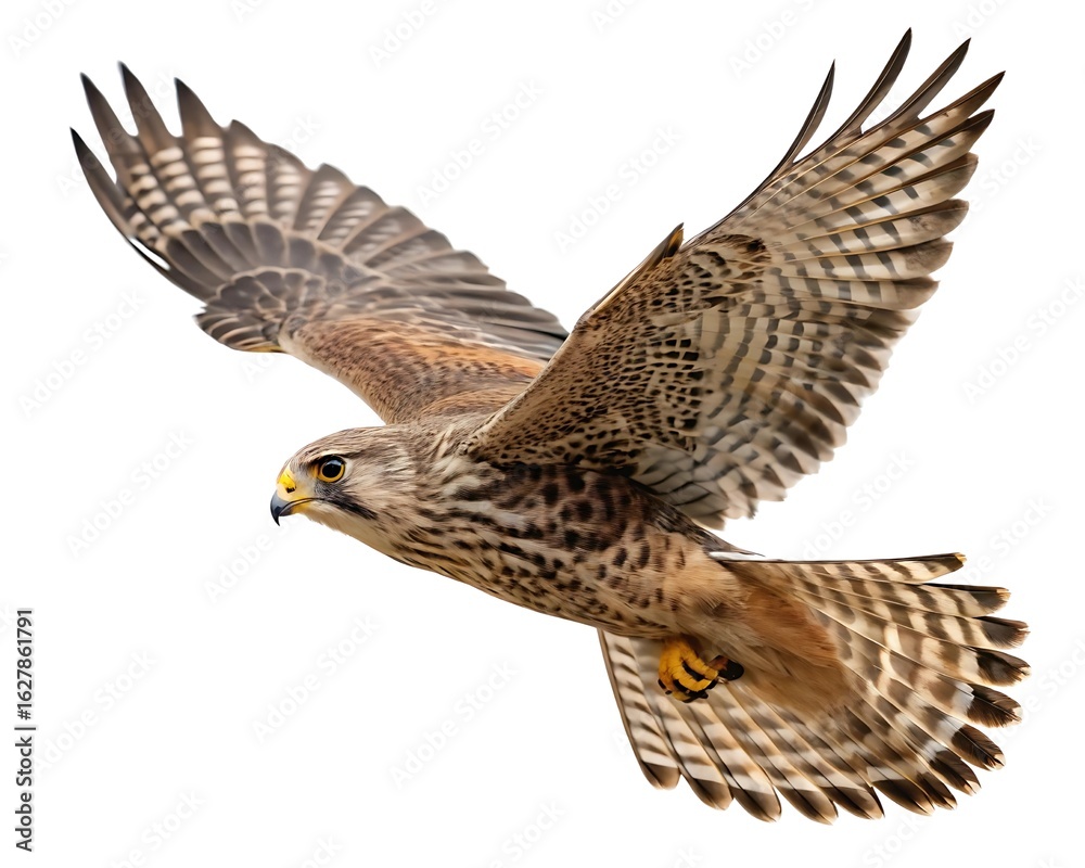 Fototapeta premium Full-body macro image of a falcon in mid-flight with wings spread wide, sharp feathers and fierce eyes perfectly focused, no shadow, isolated on pure white — predator, speed, high sky.