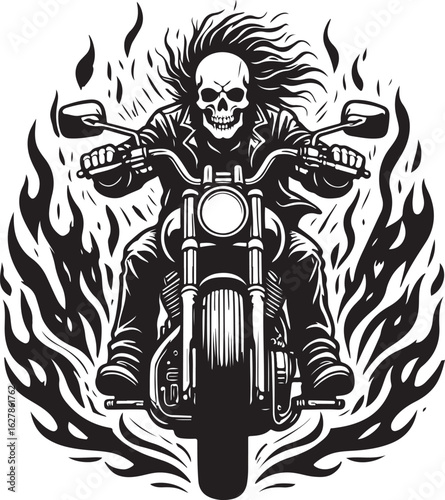 Skull biker on motorcycle surrounded by flames black and white illustration fire