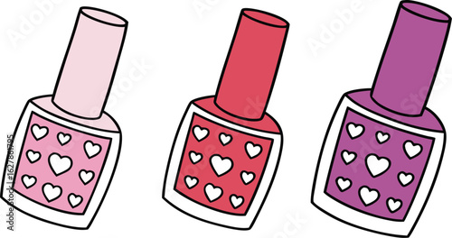 Cute Nail Polish Bottles with Heart Designs – Cartoon Illustration