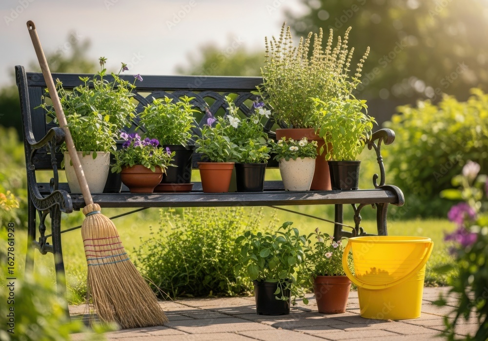 Fototapeta premium A garden bench with potted plants, a broom, and a bucket
