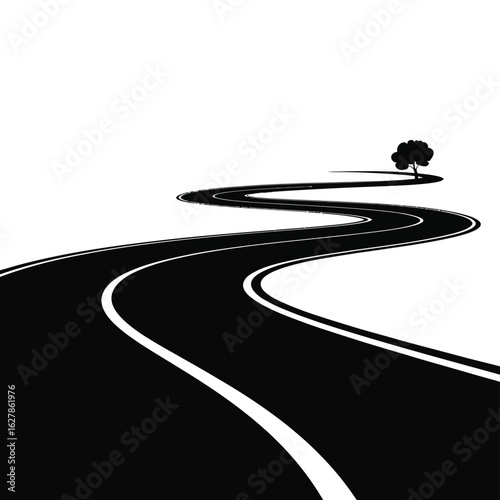 Winding black road with single tree against white background