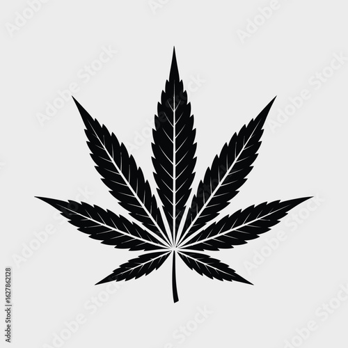 Stylized black silhouette of a cannabis leaf on a light gray background