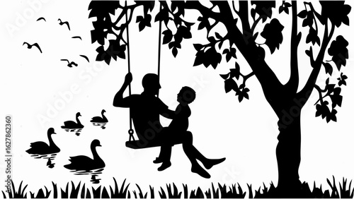 Silhouette of father and child on a swing under a tree with birds and swans in the background scene outdoors