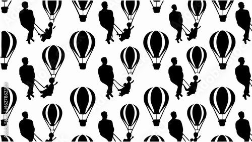 Black and white pattern of men pulling children in swings attached to hot air balloons repeating design silhouette