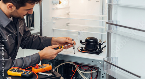 A handyman repairs a broken refrigerator, service repair, warranty repair of household appliances, close-up