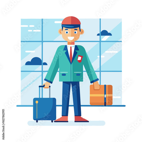 Confident Boss Holding Suitcase at Airport Terminal Ready for Business Travel – Professional Corporate Vector Illustration for Commercial Use