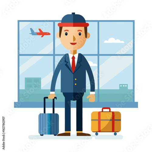 Confident Boss Holding Suitcase at Airport Terminal Ready for Business Travel – Professional Corporate Vector Illustration for Commercial Use