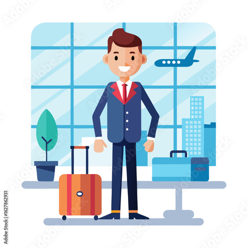 Confident Boss Holding Suitcase at Airport Terminal Ready for Business Travel – Professional Corporate Vector Illustration for Commercial Use