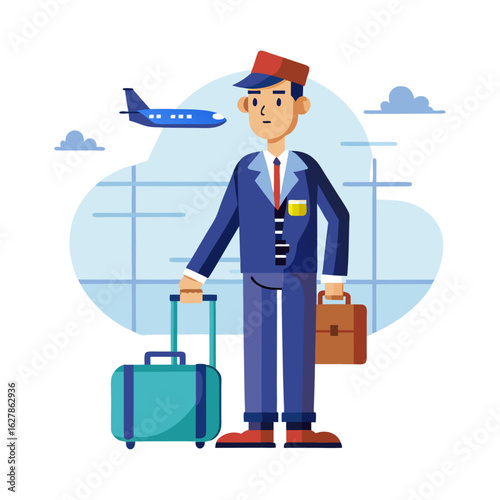 Confident Boss Holding Suitcase at Airport Terminal Ready for Business Travel – Professional Corporate Vector Illustration for Commercial Use