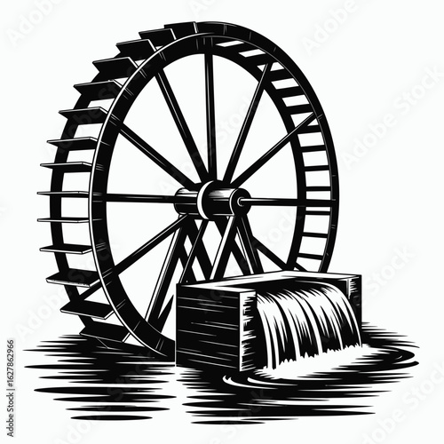 Vintage illustration of a water wheel with flowing water and reflection