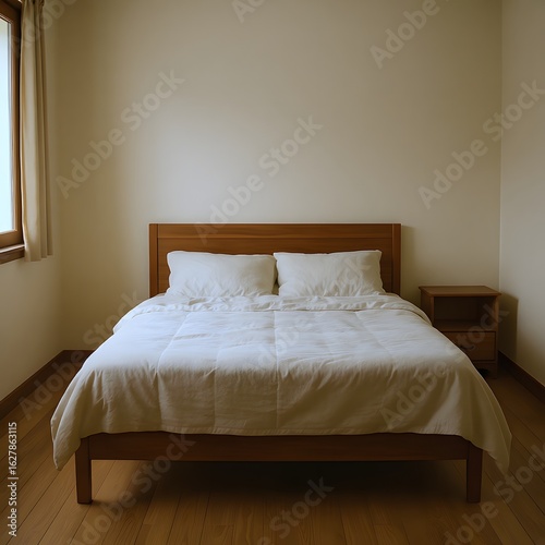 Minimalist wooden bed with white linens in bright room