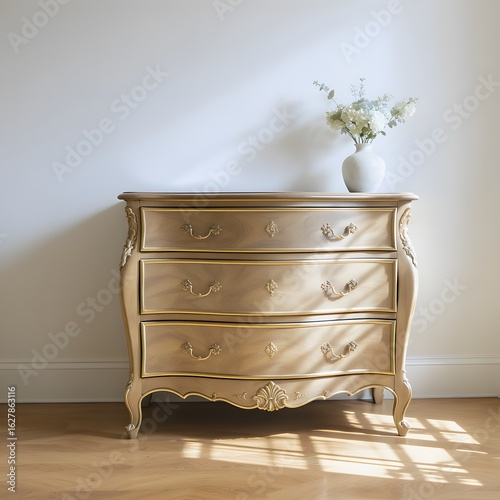 Classic golden chest of drawers with curved design