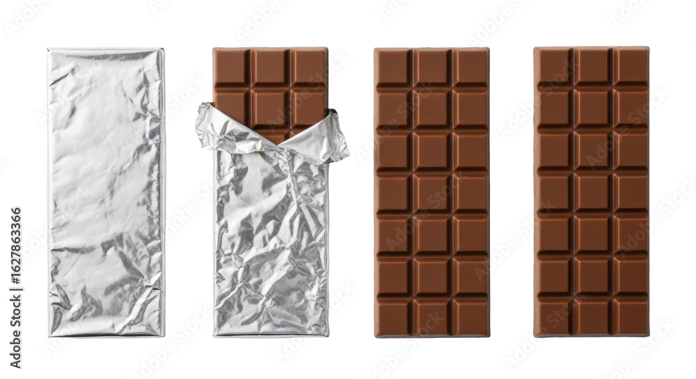 Four distinct rectangular milk chocolate bars in progressive unwrapping stages, from fully silver foil wrapped to glossy segmented chocolate, on a transparent background with soft shadows and Four distinct rectangular milk chocolate bars in progressive unwrapping stages, from fully silver foil wrapped to glossy segmented chocolate, on a transparent background with soft shadows and