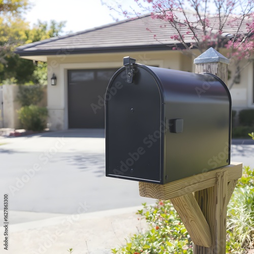 Black metal mailbox mounted on wooden post