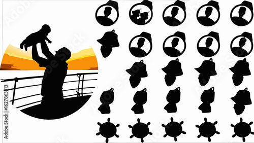 Silhouette of father lifting baby on ship with sunset and icons of people bells and ship wheels scattered