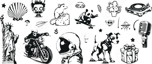 Rat and Cheese Doodle Set – Mice, Cheese, Cute Rat, Cartoon Style Hand Drawn Sketch, Black and White Food Vector, Funny Animal Characters, Snack Theme Illustration