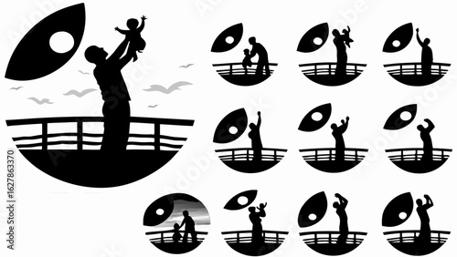 Silhouette collage depicting a father and child on a deck with stylized sun and flying birds design