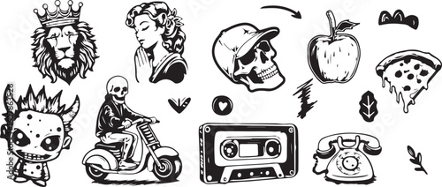 Skull and Retro Cassette Doodle Set – Skeleton, Music Tape, Rock Star Girl, Bone Helmet, Hand Drawn Black and White Art, Tattoo Style, Vintage Audio, Bold Illustration