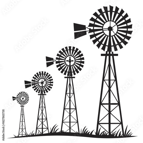 Black silhouettes of five farm windmills with grass against a white background agriculture rural