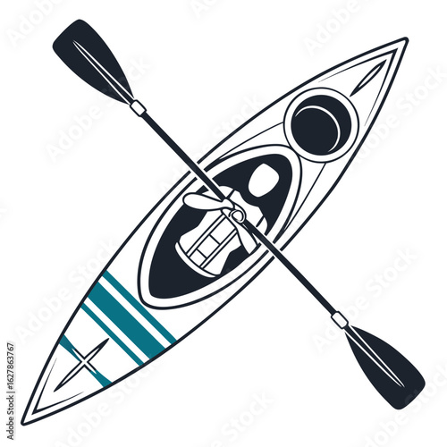 Top view of a stylized kayak with paddle and person wearing life vest on white background canoe boat